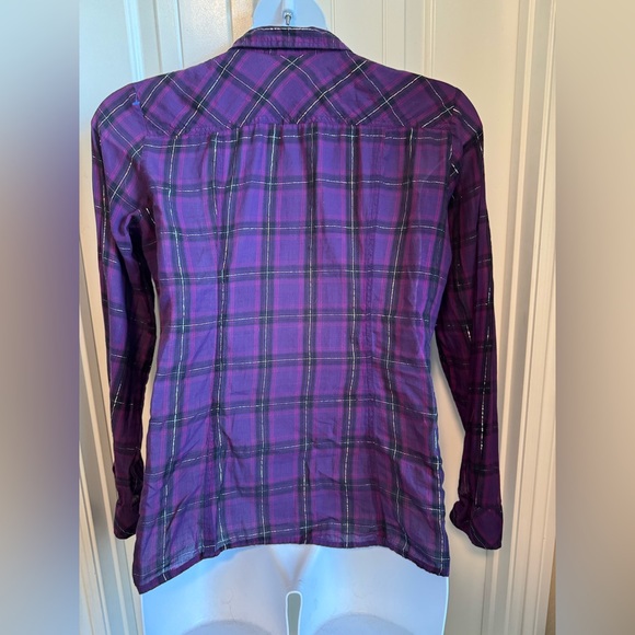 Guess Cowgirl Snap Front Purple/Black Metallic Thread Plaid Long Sleeve Shirt XL - Picture 6 of 7